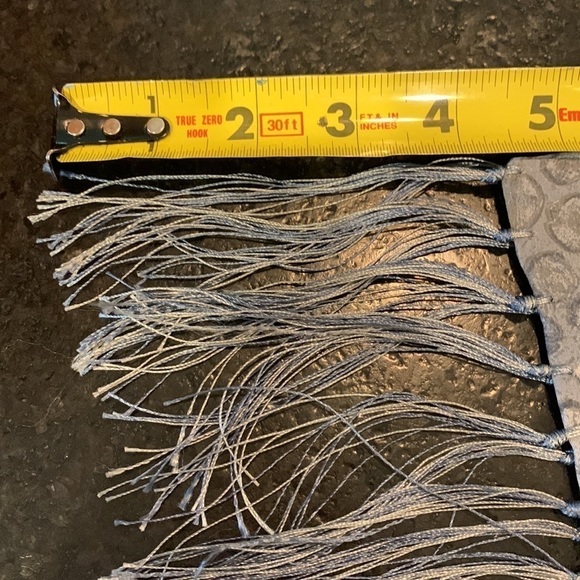 Francesca 💯 silk scarf in blueish grey hues in tiles with sexy fringe Italy made - Picture 12 of 13